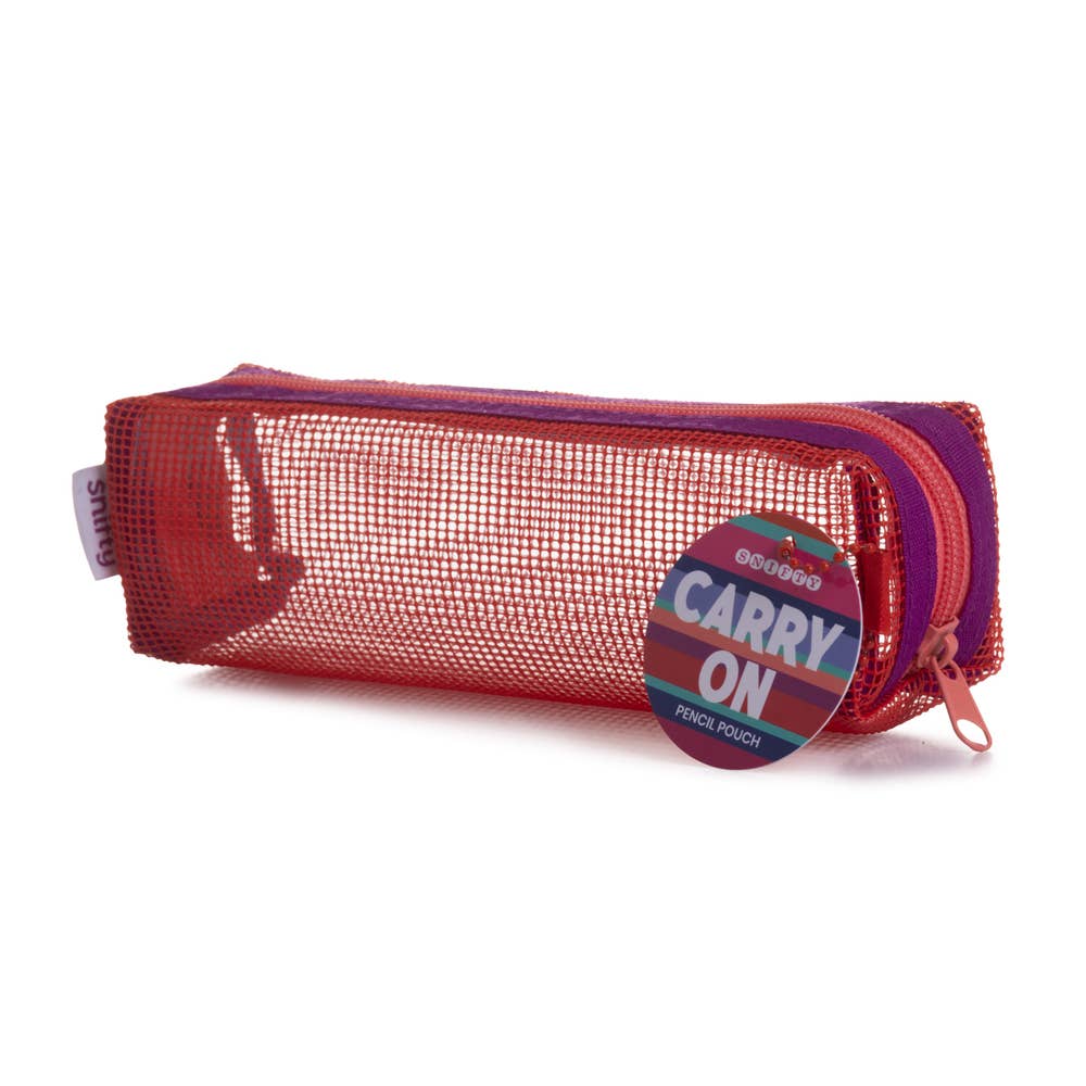 Red mesh pencil pouch with a purple zipper and 'Carry On' label on a white background