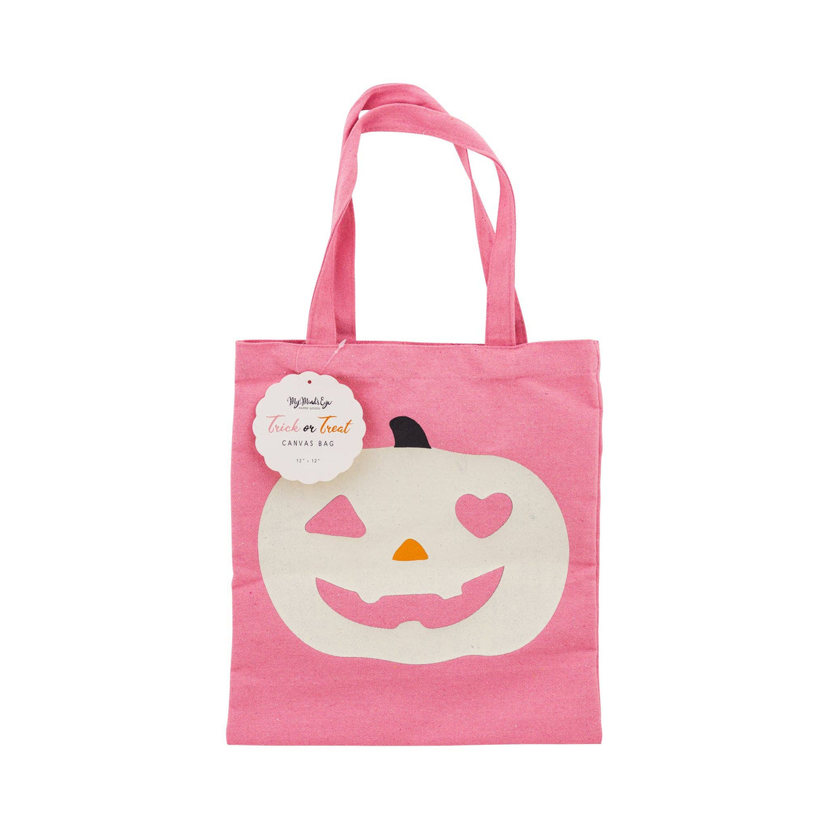 Pink tote bag with pumpkin design and 'Trick or Treat' label on a white background