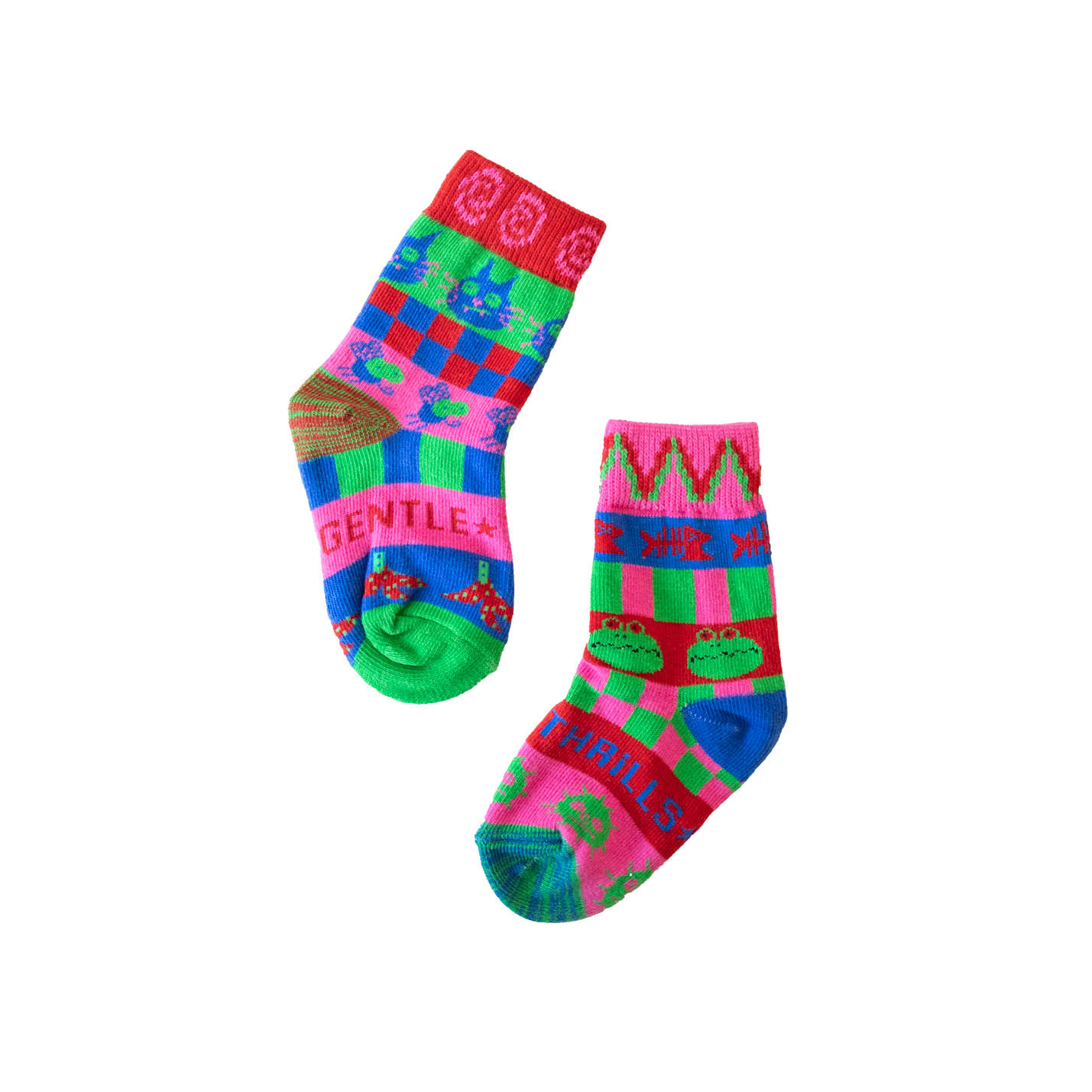 Colorful children's socks with frog design on a white background