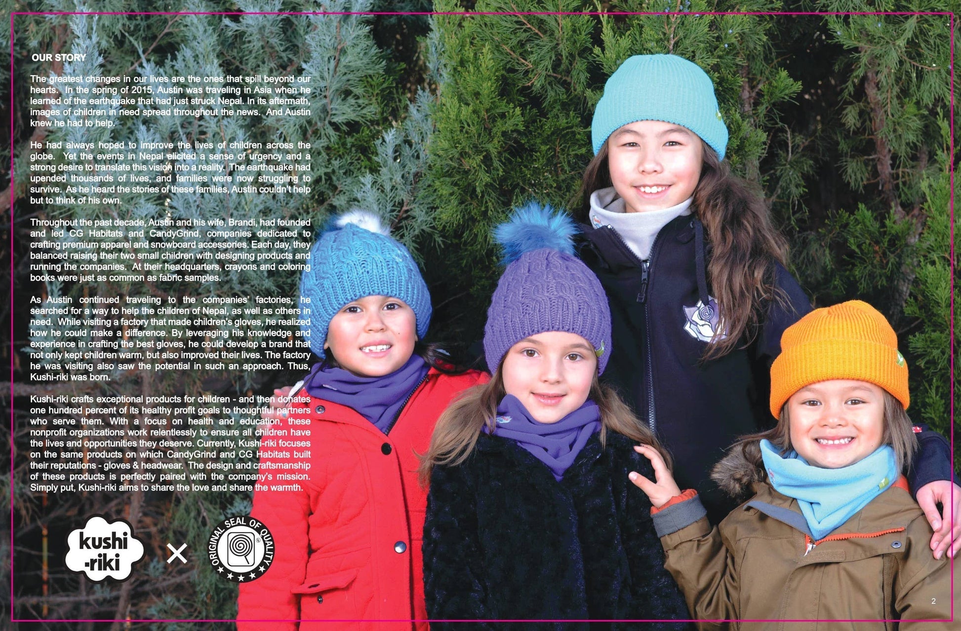 Four children wearing colorful beanies and scarves standing outdoors with text on the left side.