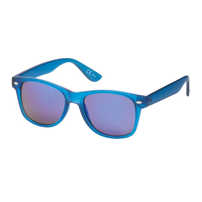 Blue sunglasses with purple lenses on a white background