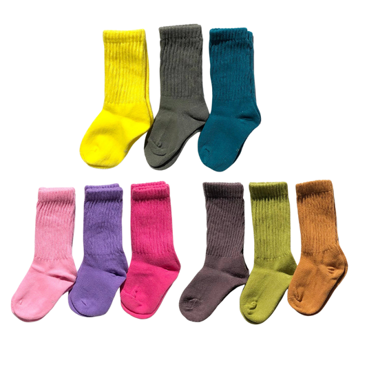 Set of colorful socks arranged in a circular pattern on a white background