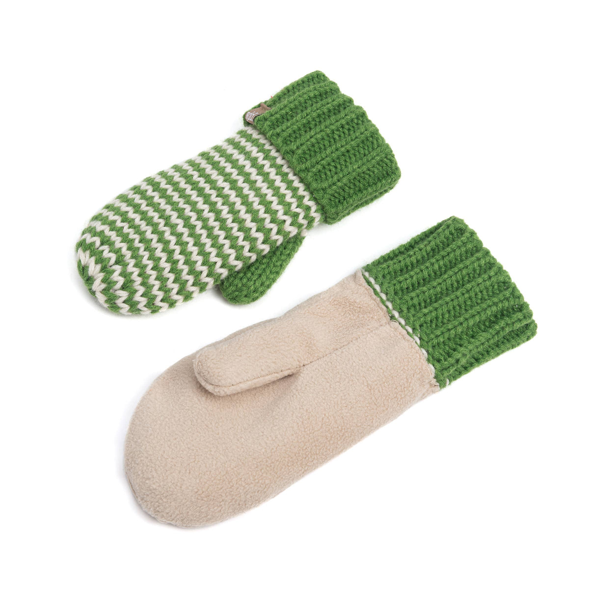 A pair of knit winter mittens on a white background. One mitten has a green and cream chevron knit pattern with a solid green cuff, and the other is solid beige with a green cuff.