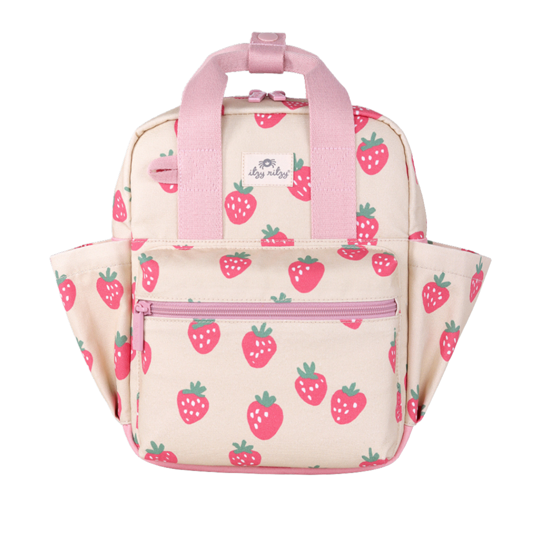 Backpack with strawberry pattern on a beige background