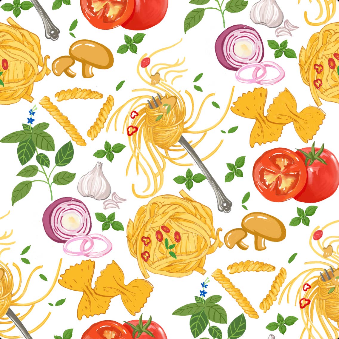 A repeating illustrated pattern of pasta dishes and vegetables on a white background, including spaghetti, penne, bowtie pasta, mushrooms, tomatoes, onions, basil leaves, garlic, and silver forks.