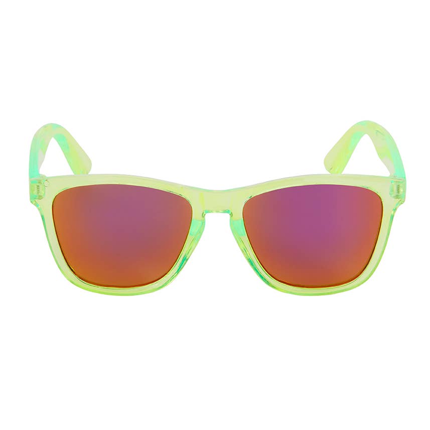 Neon green sunglasses with red lenses on a white background