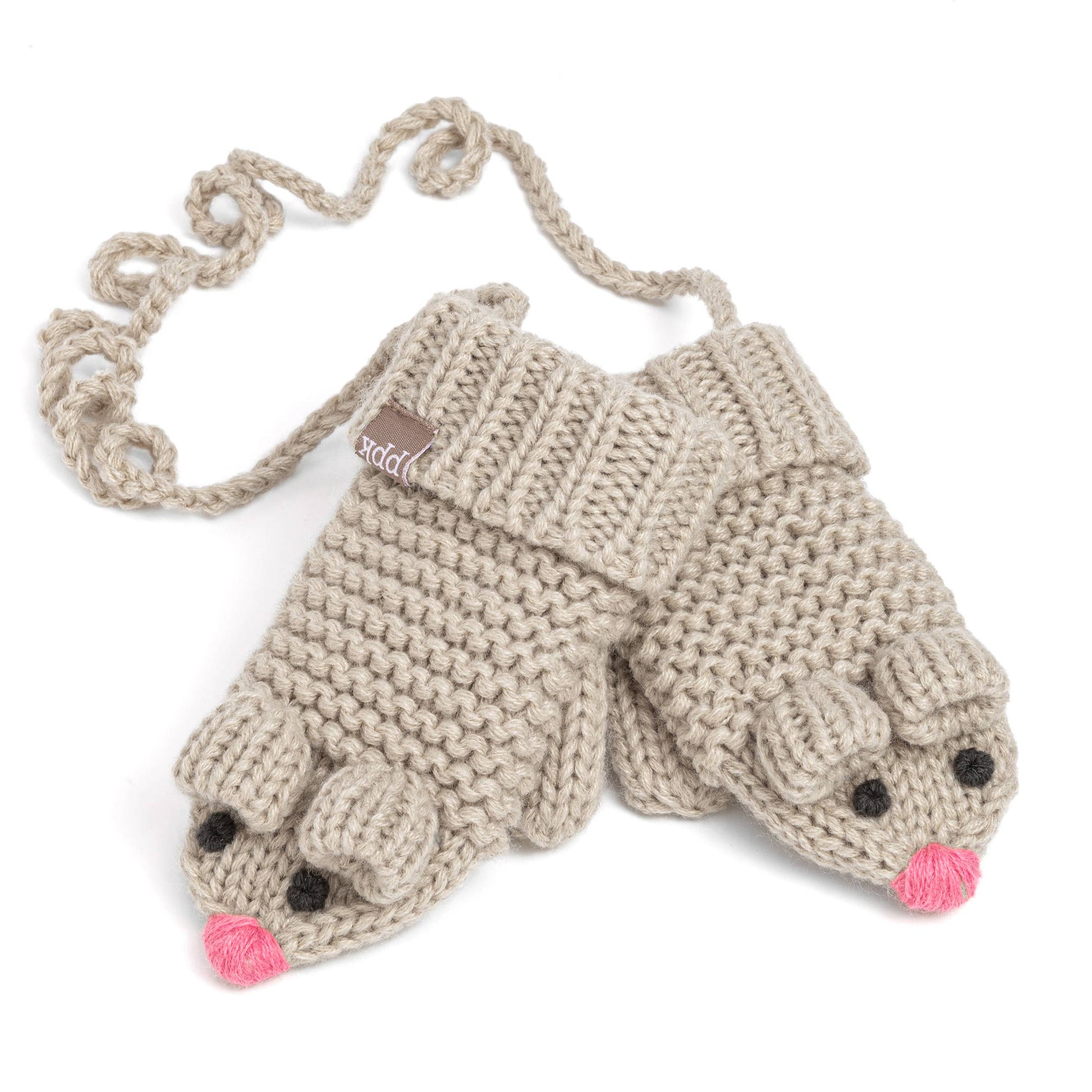Knitted mouse-shaped mittens on a white background