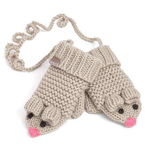 Knitted mouse-shaped mittens on a white background