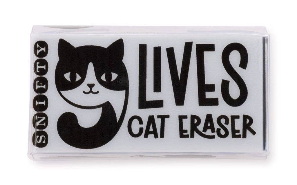 Cat-shaped eraser with text on a white background