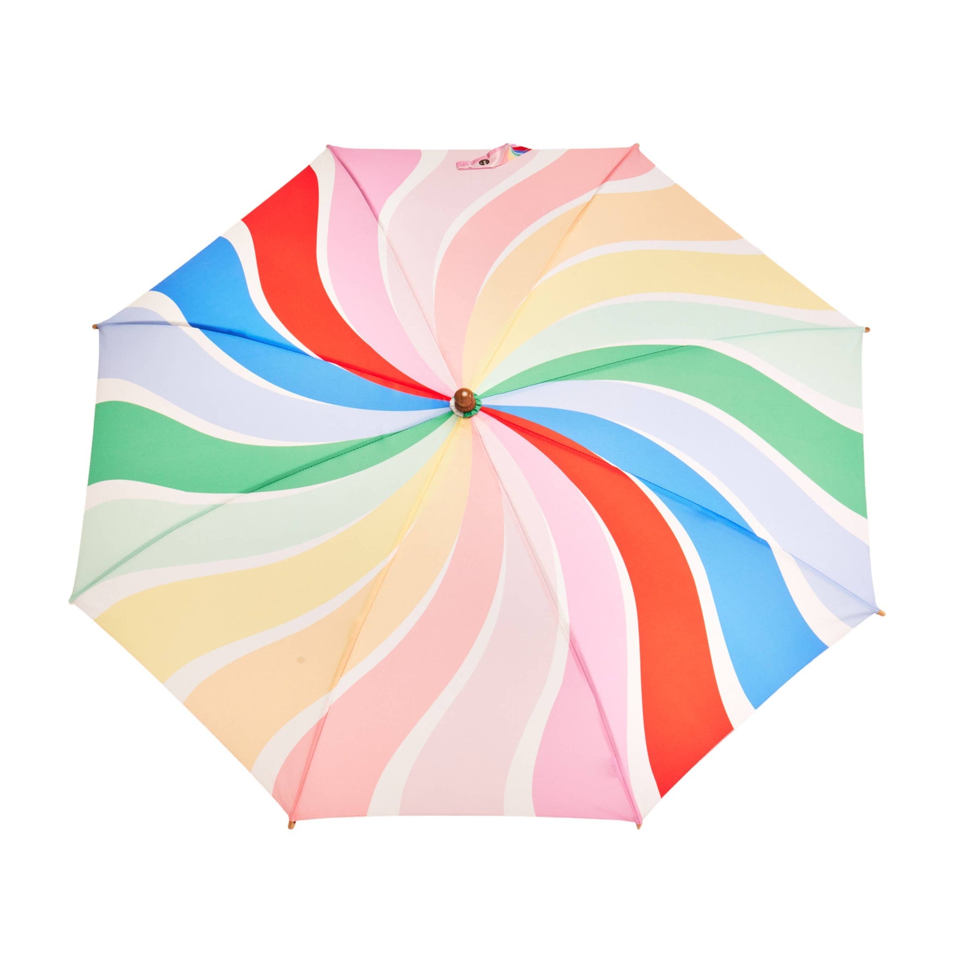 Colorful umbrella with a spiral pattern on a white background