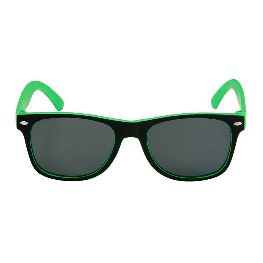 A pair of sunglasses with a black frame accented by bright green trim and matching green temple arms, featuring dark gray lenses.