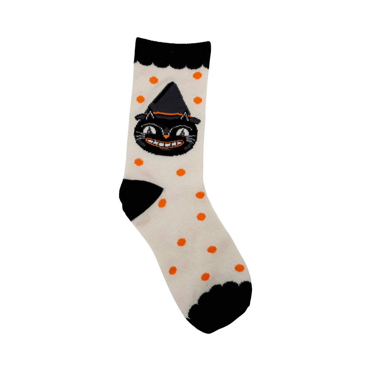 Halloween-themed sock with a black cat face and orange polka dots on a white background