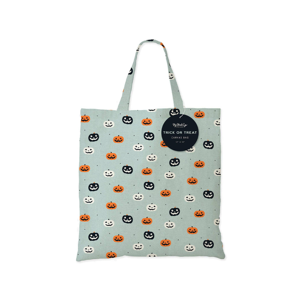 Tote bag with Halloween pumpkin pattern on a light blue background