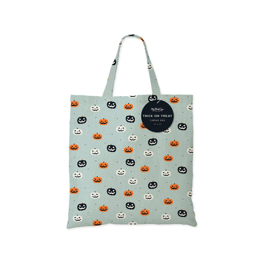 Tote bag with Halloween pumpkin pattern on a light blue background