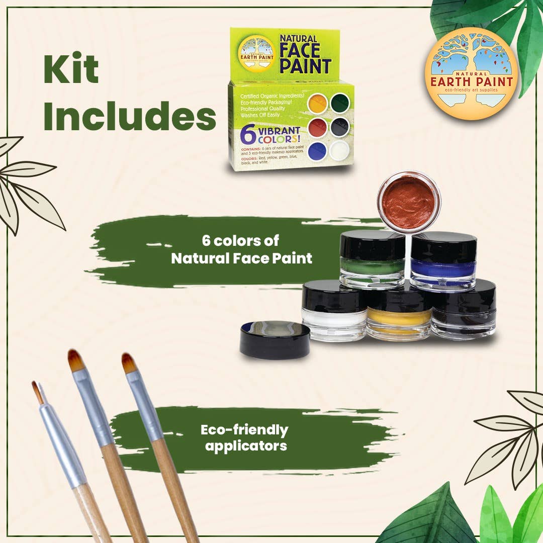Earth Paint natural face paint kit with colors, applicators, and branding on a light background.