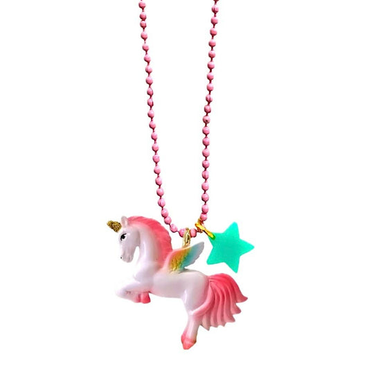 Necklace with a unicorn pendant and star charm on a pink bead chain against a white background