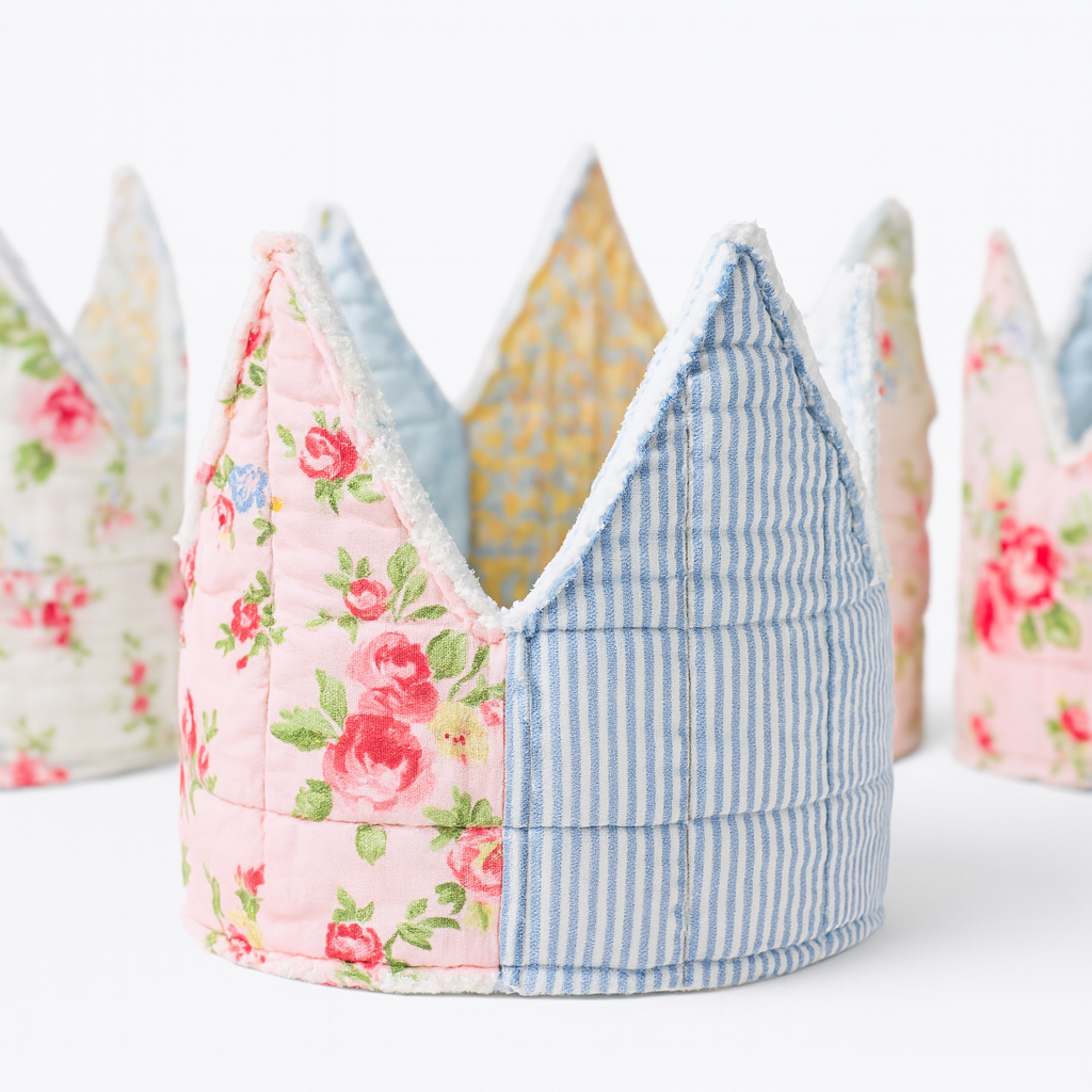 Quilted fabric crowns with floral and striped patterns on a white background