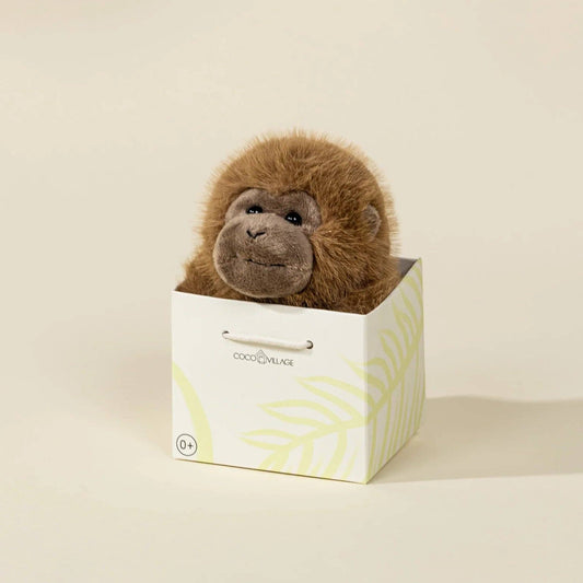 Plush toy hedgehog in a white box with a visible brand logo on a beige background