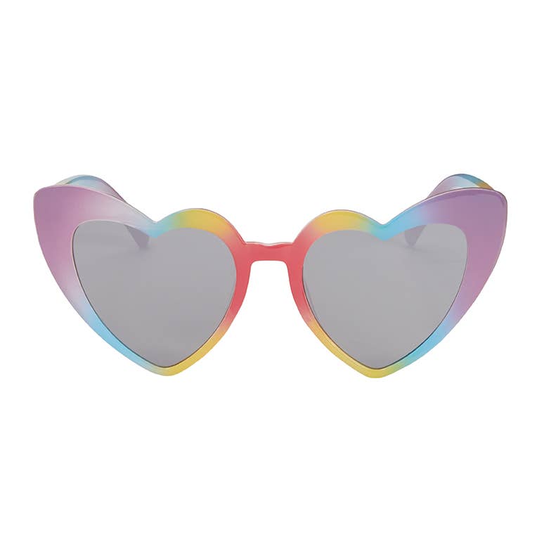 Heart-shaped sunglasses with a glossy rainbow gradient frame and silver mirrored lenses, shown against a plain white background.