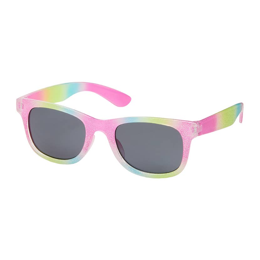 Sunglasses with a colorful, tie-dye frame on a white background