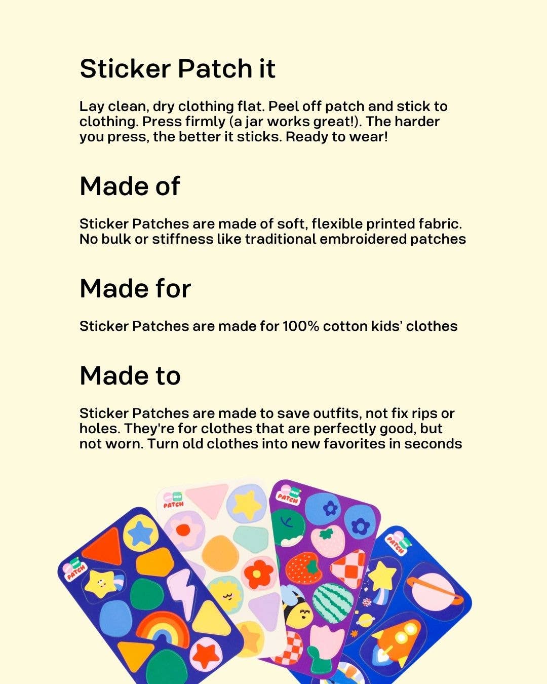 Sticker patches with colorful designs on a yellow background with text about the product.