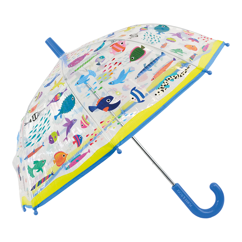 Children's umbrella with colorful fish pattern on a white background