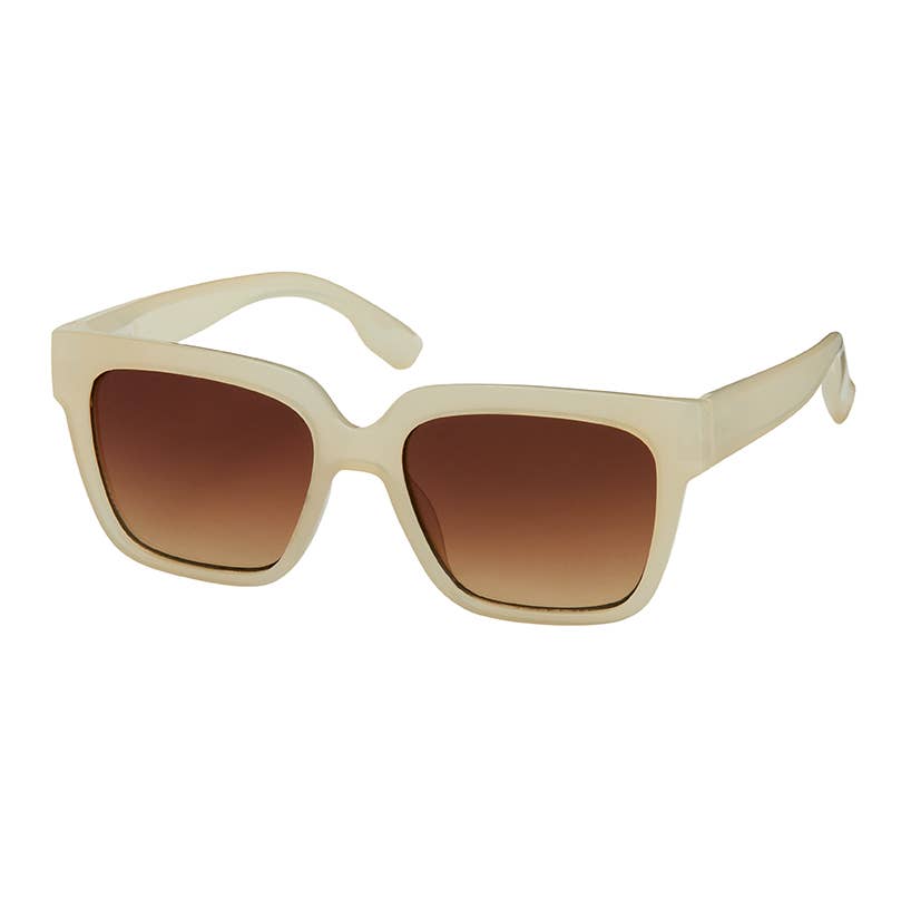 Beige sunglasses with brown gradient lenses on a white background