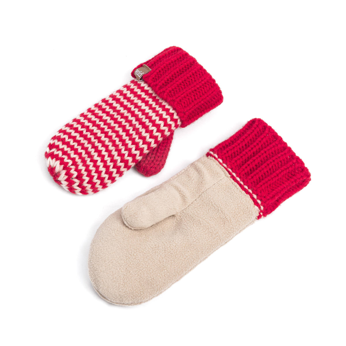 A pair of knit and suede winter mittens on a white background. One mitten features a red and cream chevron knit pattern with a solid red cuff, and the other is solid beige suede with a matching red knit cuff.
