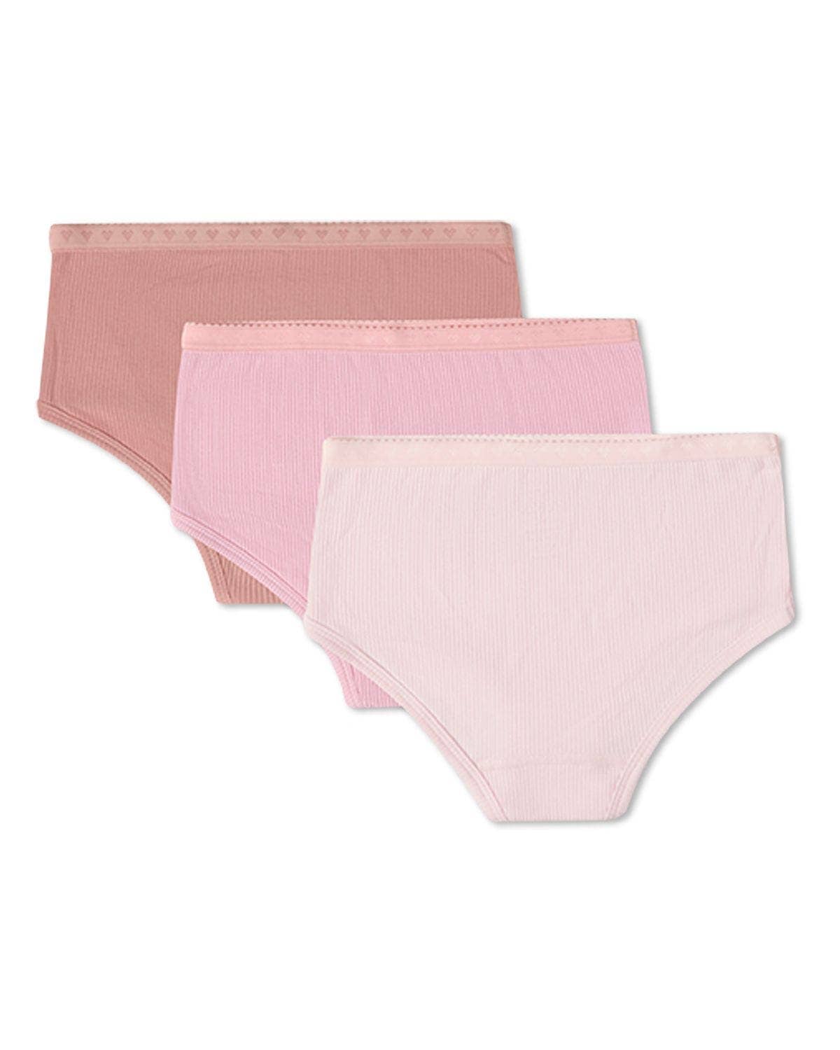 Three pairs of pink underwear on a white background
