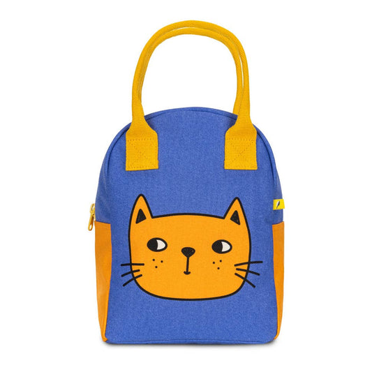 Blue bag with yellow handles and a cat face design on a white background