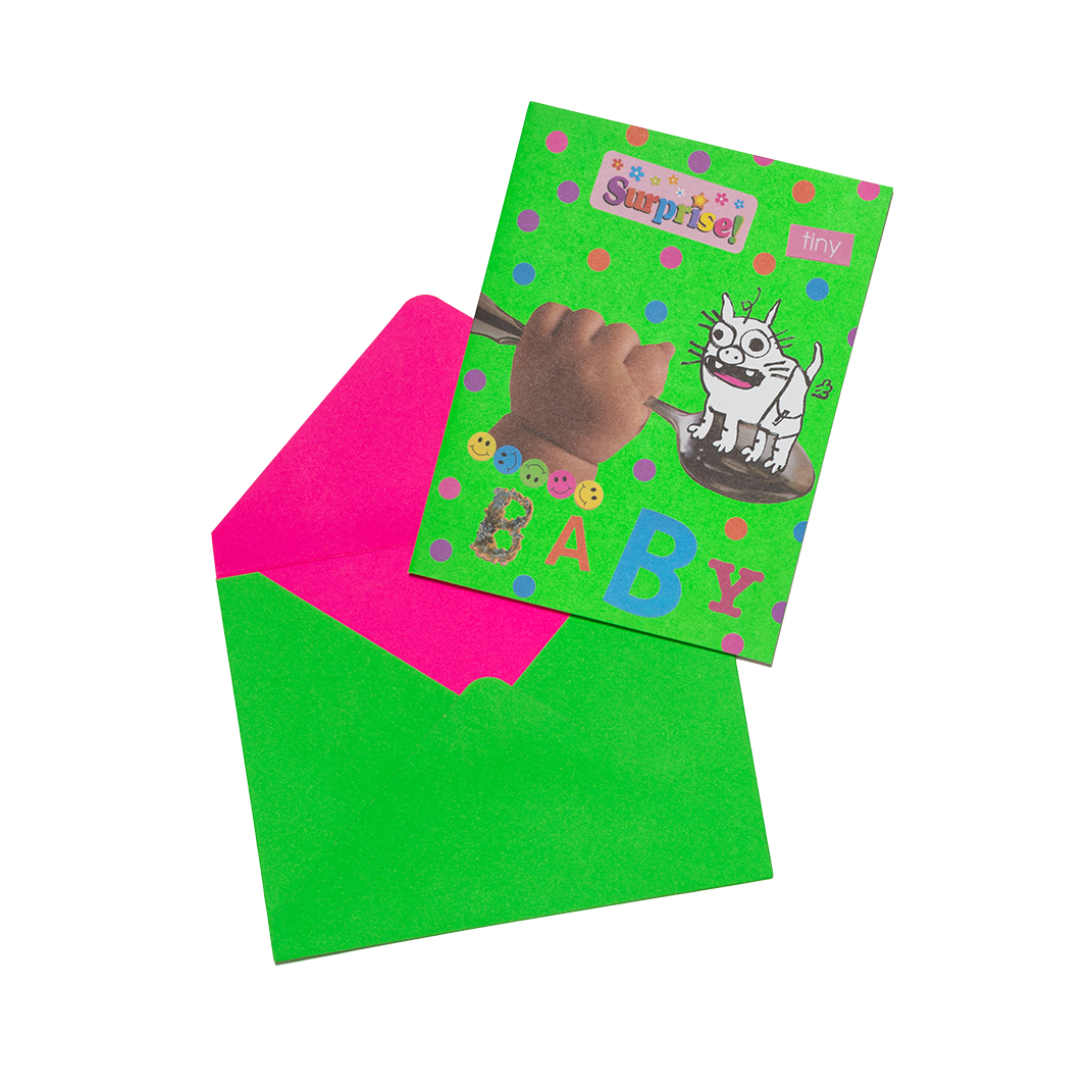 Colorful greeting card with a pink envelope on a white background