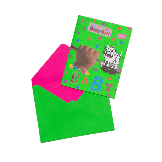 Colorful greeting card with a pink envelope on a white background