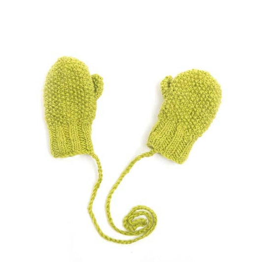 Pair of green knitted baby mittens on a white background