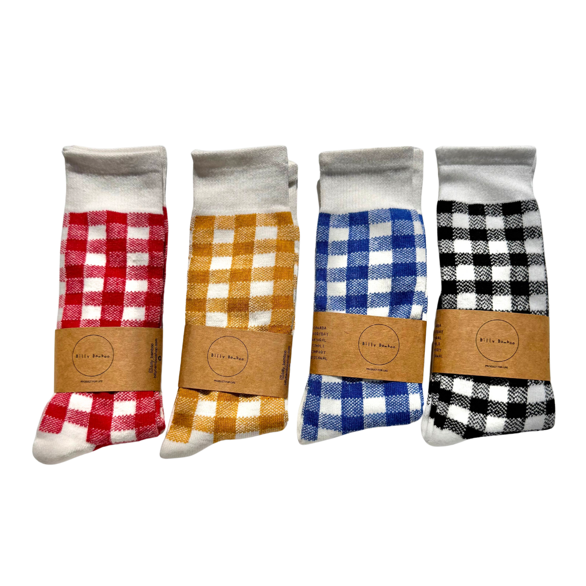 Four pairs of folded gingham socks in different colorways, packaged with brown paper bands. The colorways shown are red and white, mustard yellow and white, blue and white, and black and white.