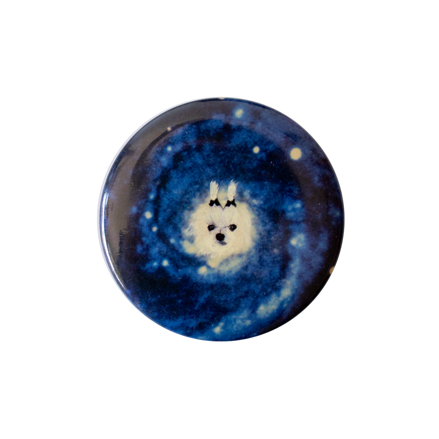 Round object with a galaxy design and a small white dog illustration on a white background