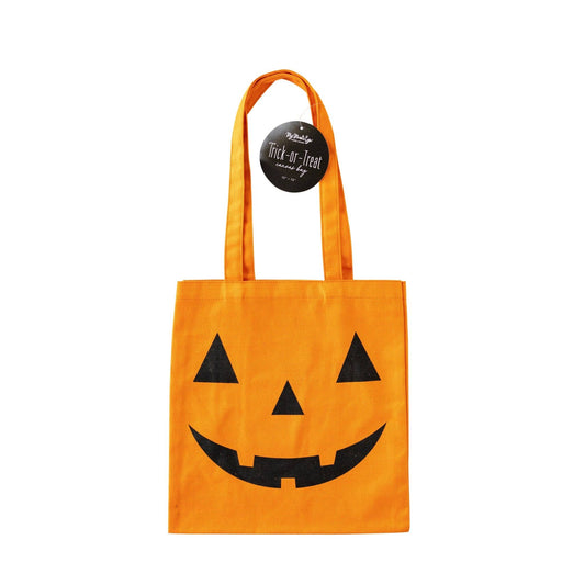 Orange Halloween tote bag with a jack-o'-lantern face design on a white background