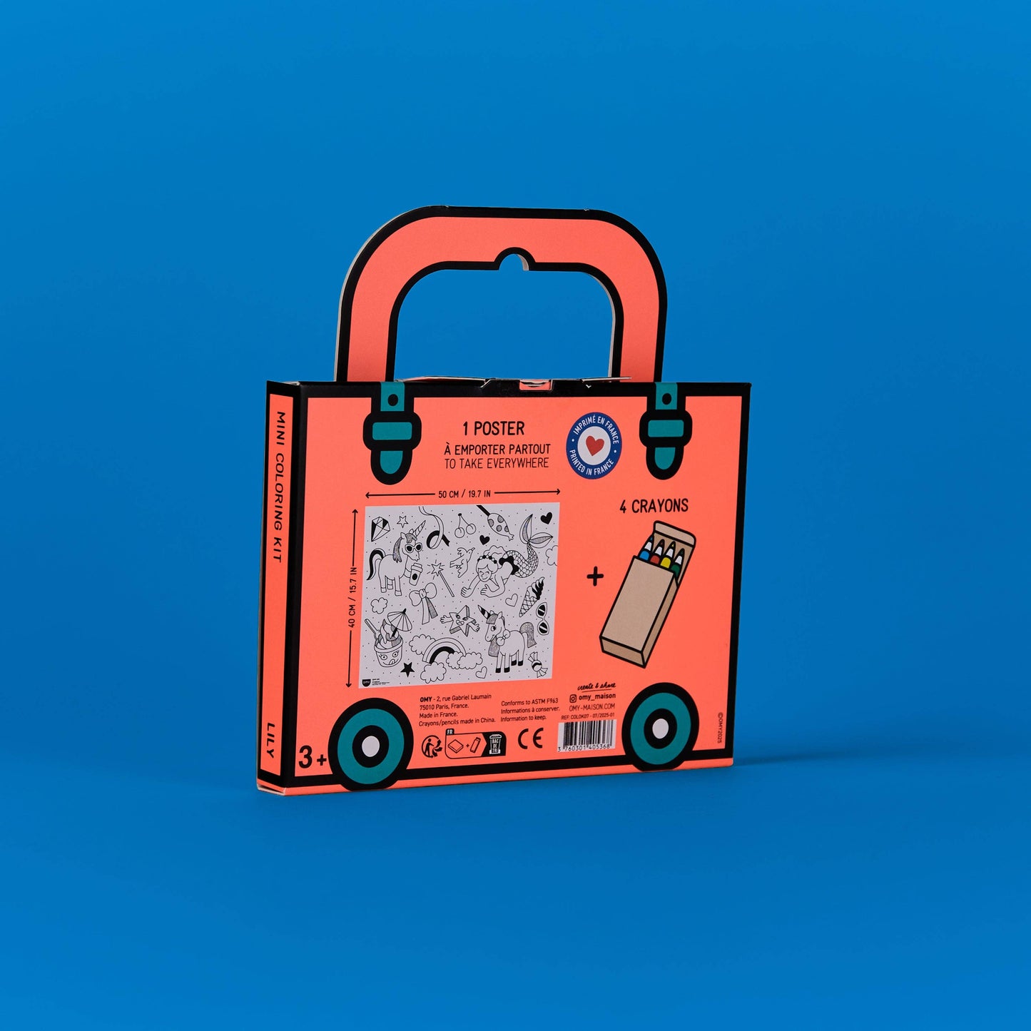 Mini coloring kit with colorful design on a blue background