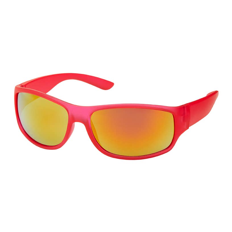 Red sunglasses with yellow-tinted lenses on a white background