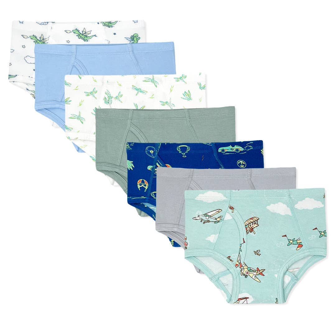 Set of children's underwear with various patterns on a white background