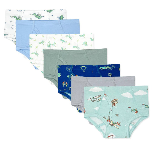 Set of children's underwear with various patterns on a white background