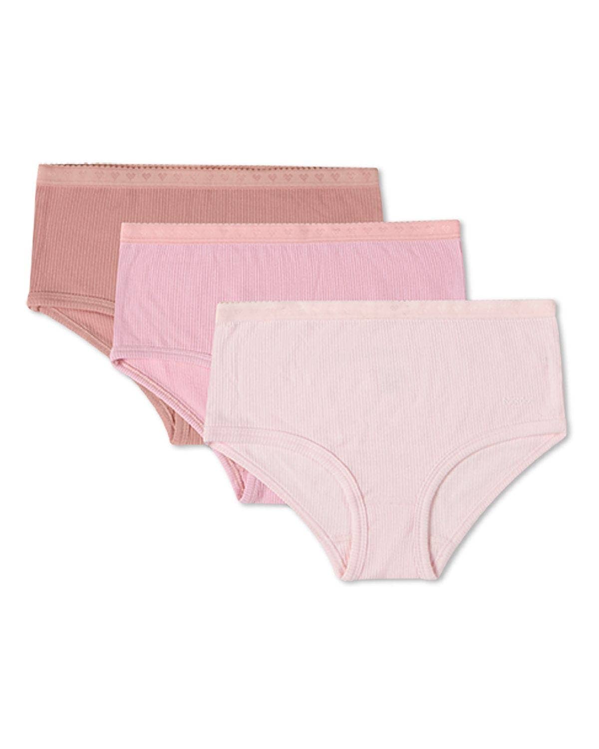 Three pairs of pink underwear on a white background