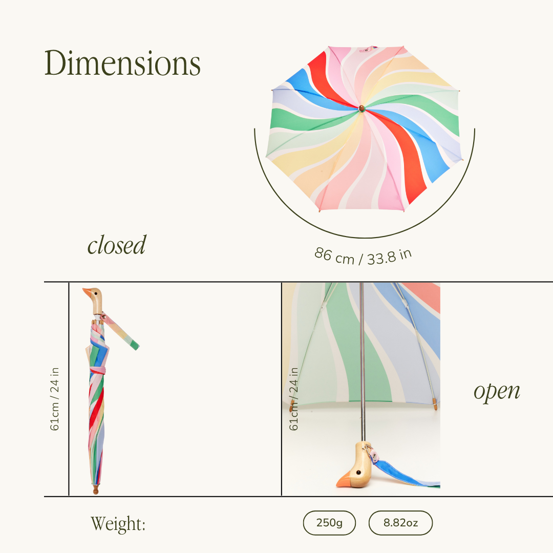Colorful umbrella with dimensions displayed on a white background