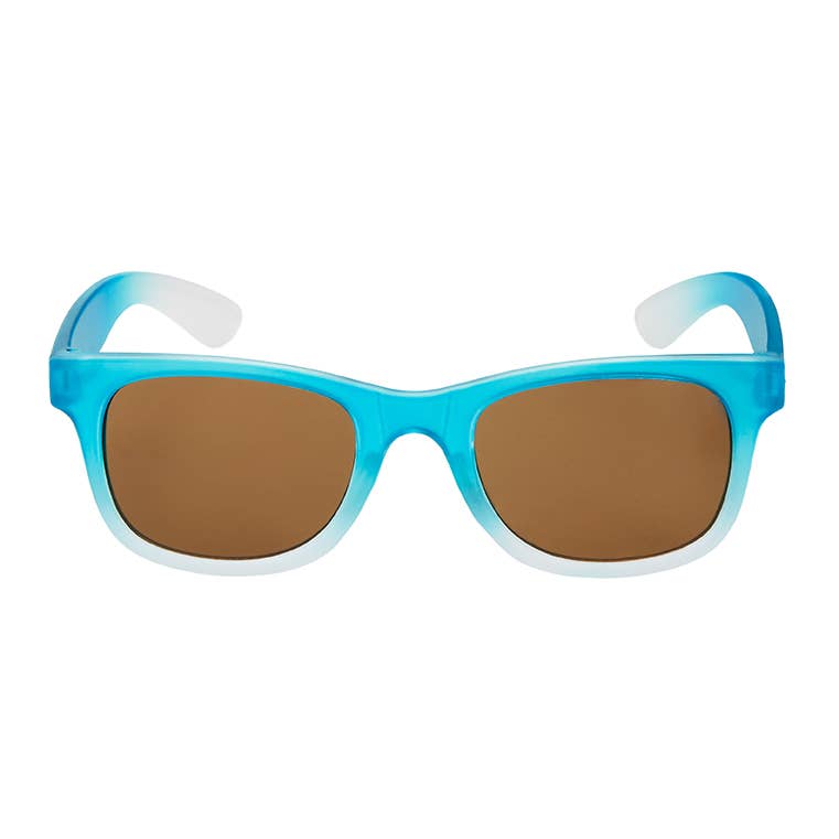 Blue and white sunglasses with brown lenses on a white background