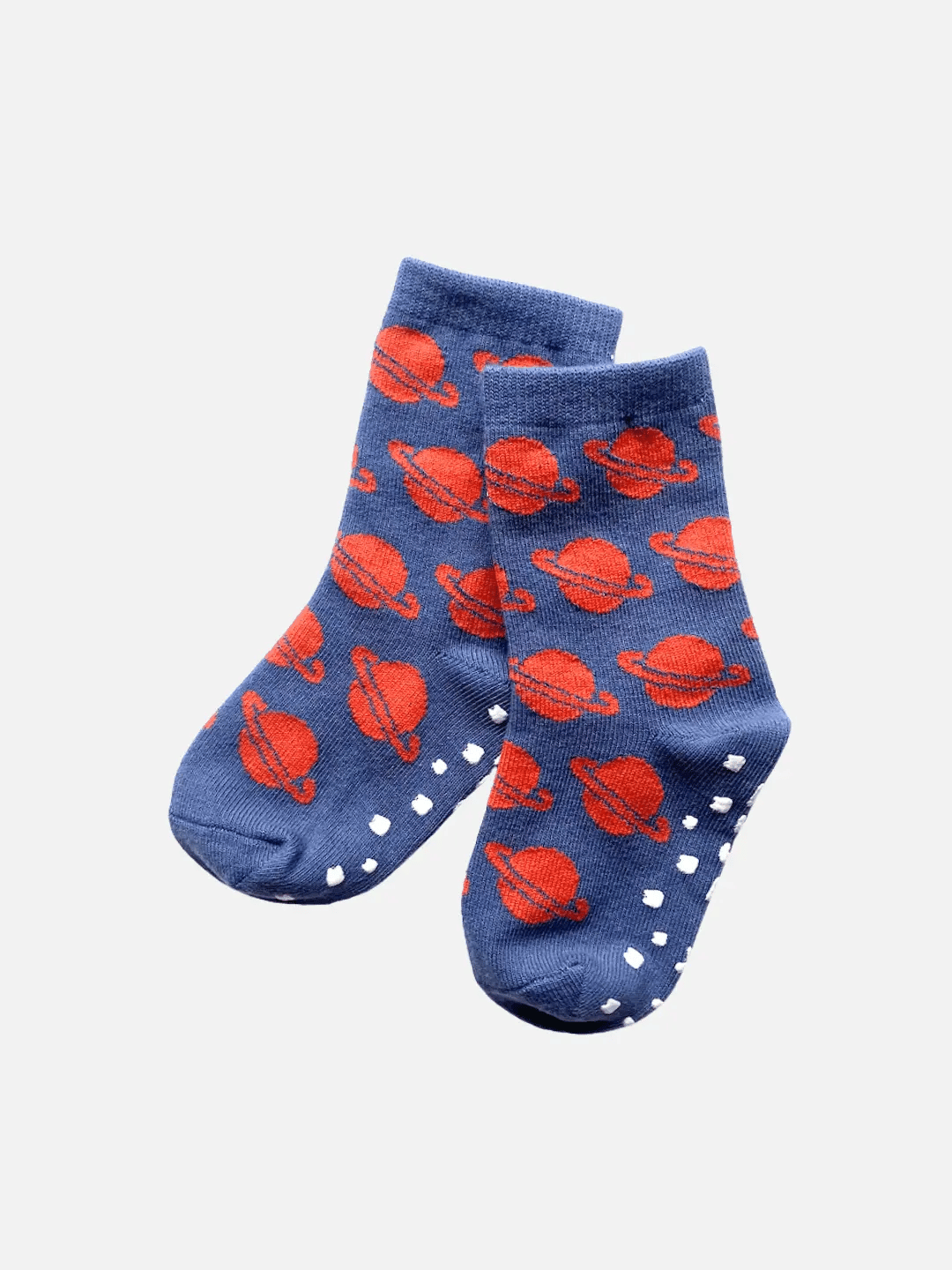 Blue socks with red planet pattern on a white background