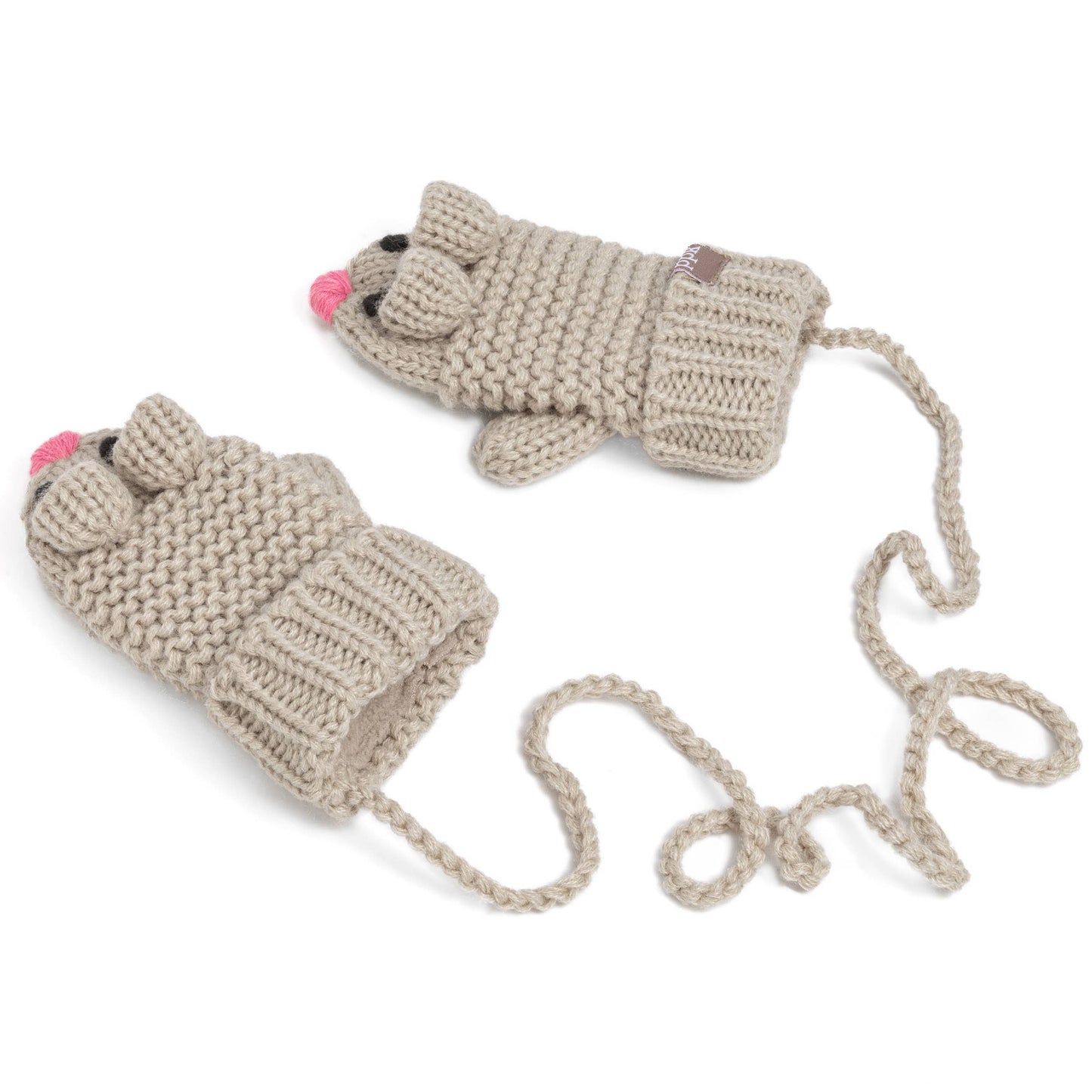 Knitted mouse mittens with a string on a white background