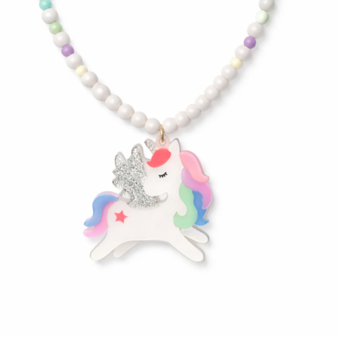 Necklace with a unicorn pendant on a white background