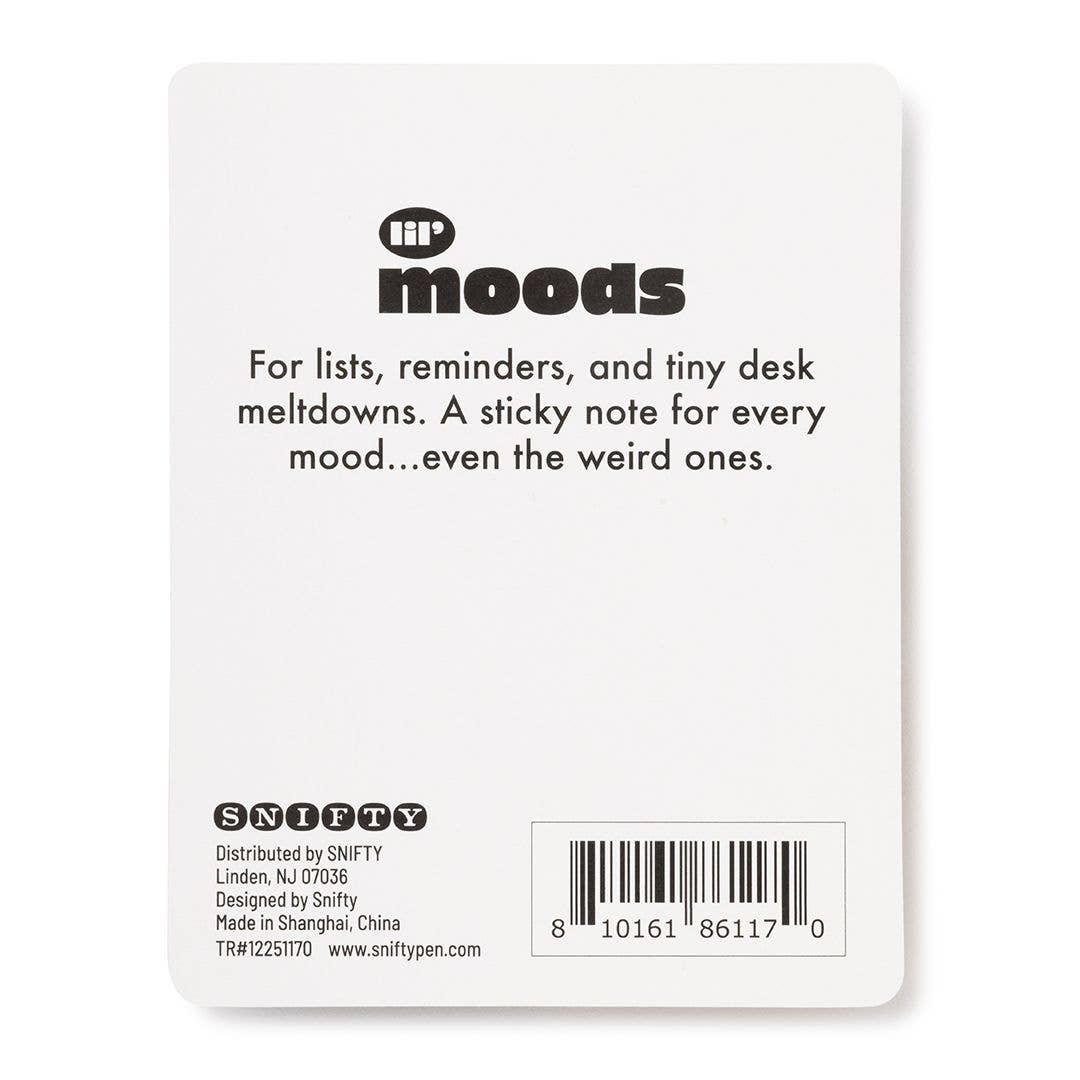 The back of a Snifty 'moods' sticky note card, showing the product's back design with a barcode, distributor details, and product description on a white background.