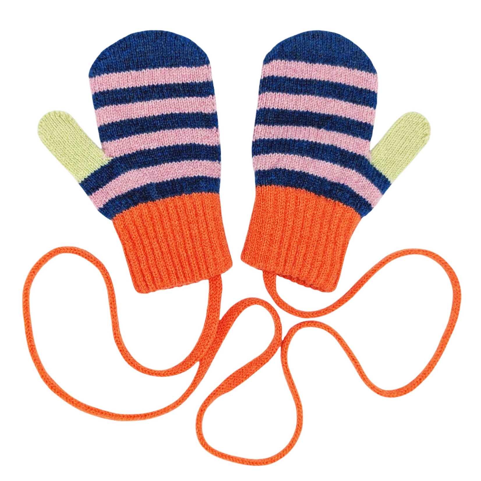 Colorful striped mittens with an orange strap on a white background