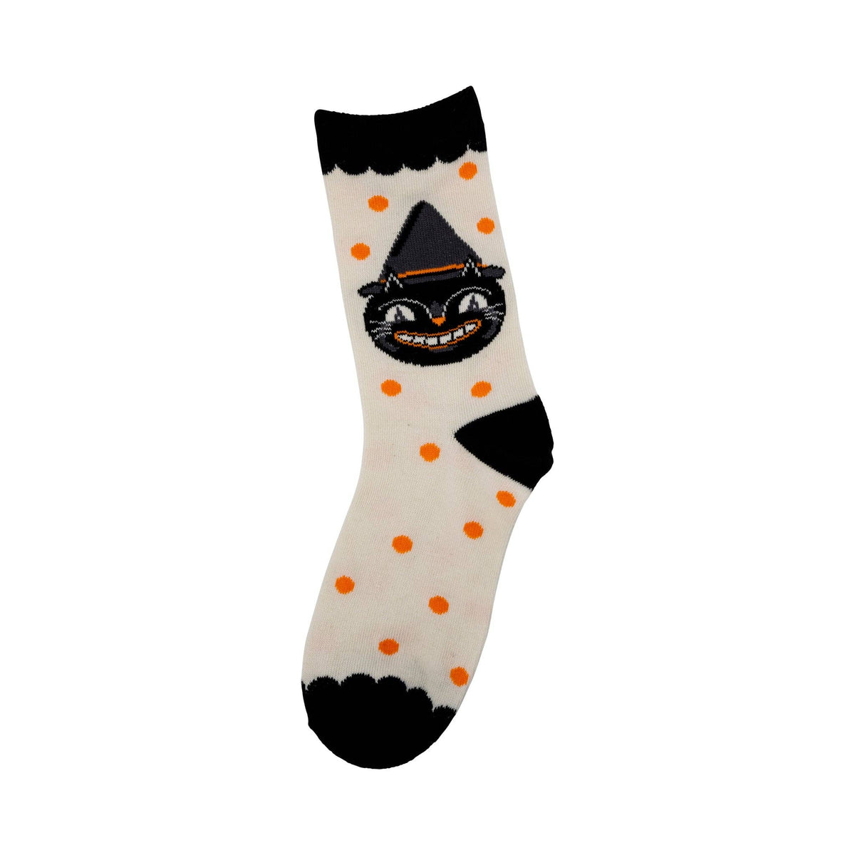 Sock with a cat design wearing a witch hat on a white background