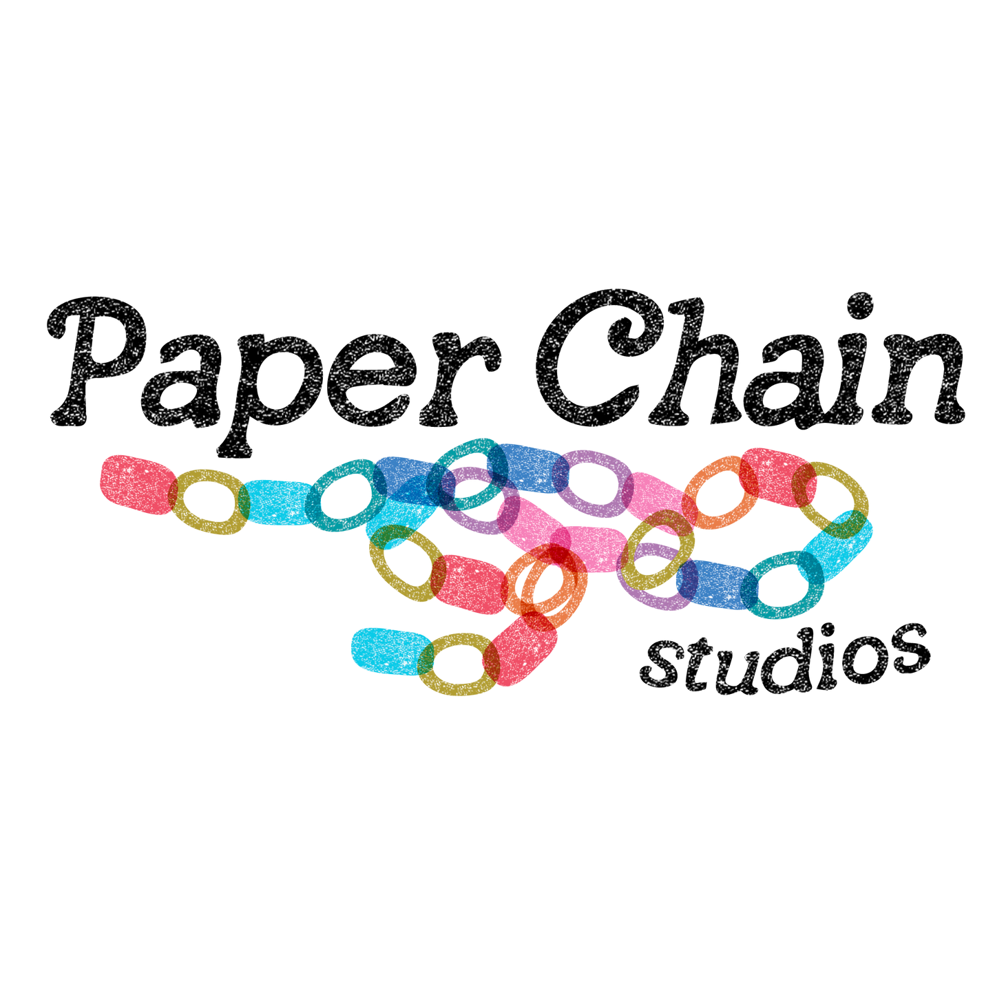 Colorful paper chain design with 'Paper Chain Studios' text on a white background